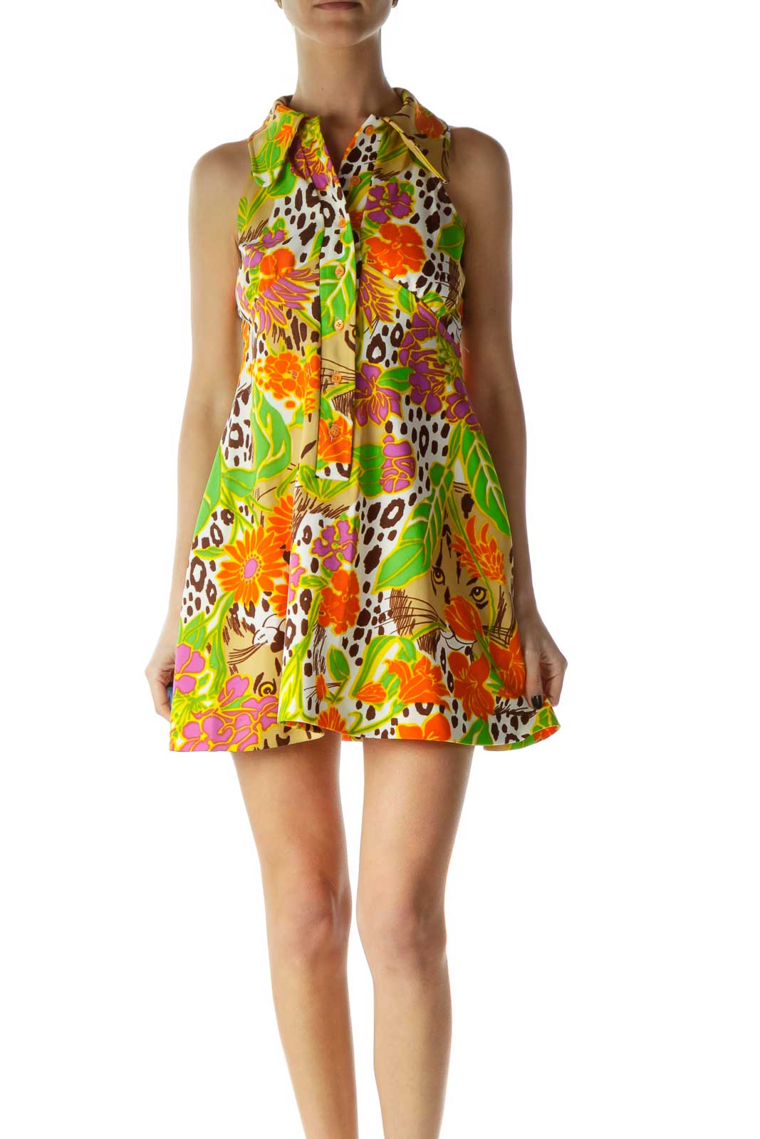 Multicolor Sleeveless Collared Print Day Dress Front