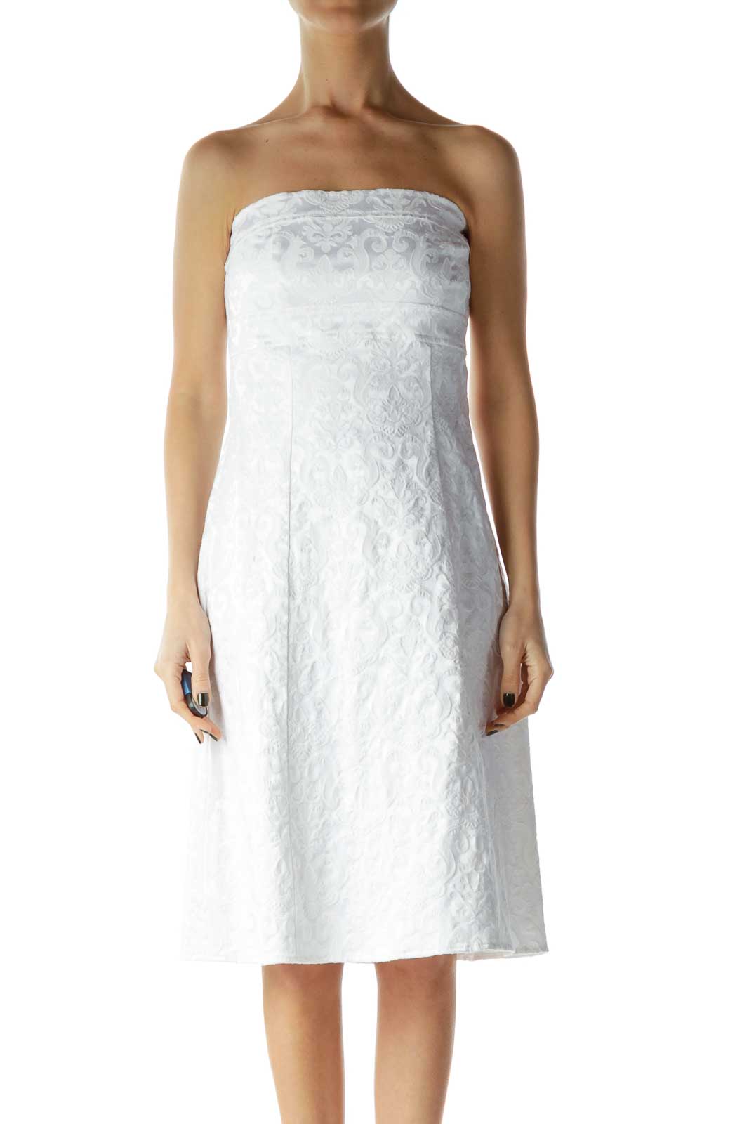 White Embroidered Strapless Dress Front