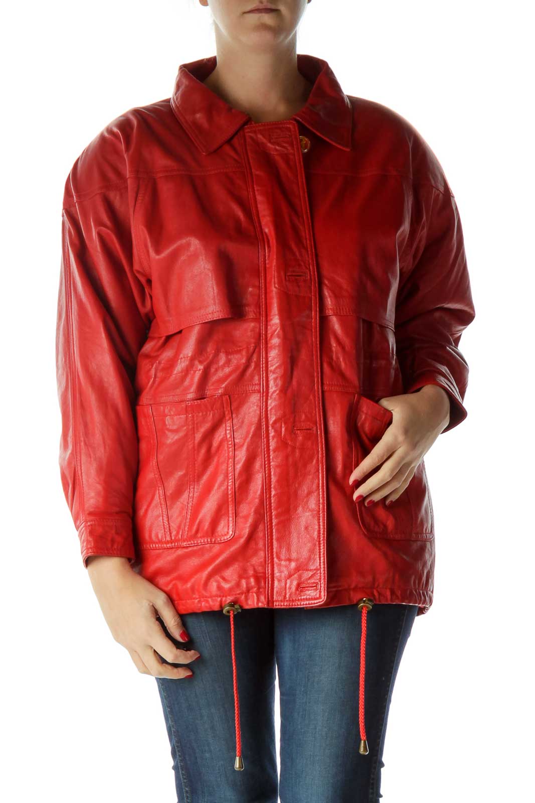 Red Oversized Leather Jacket Front