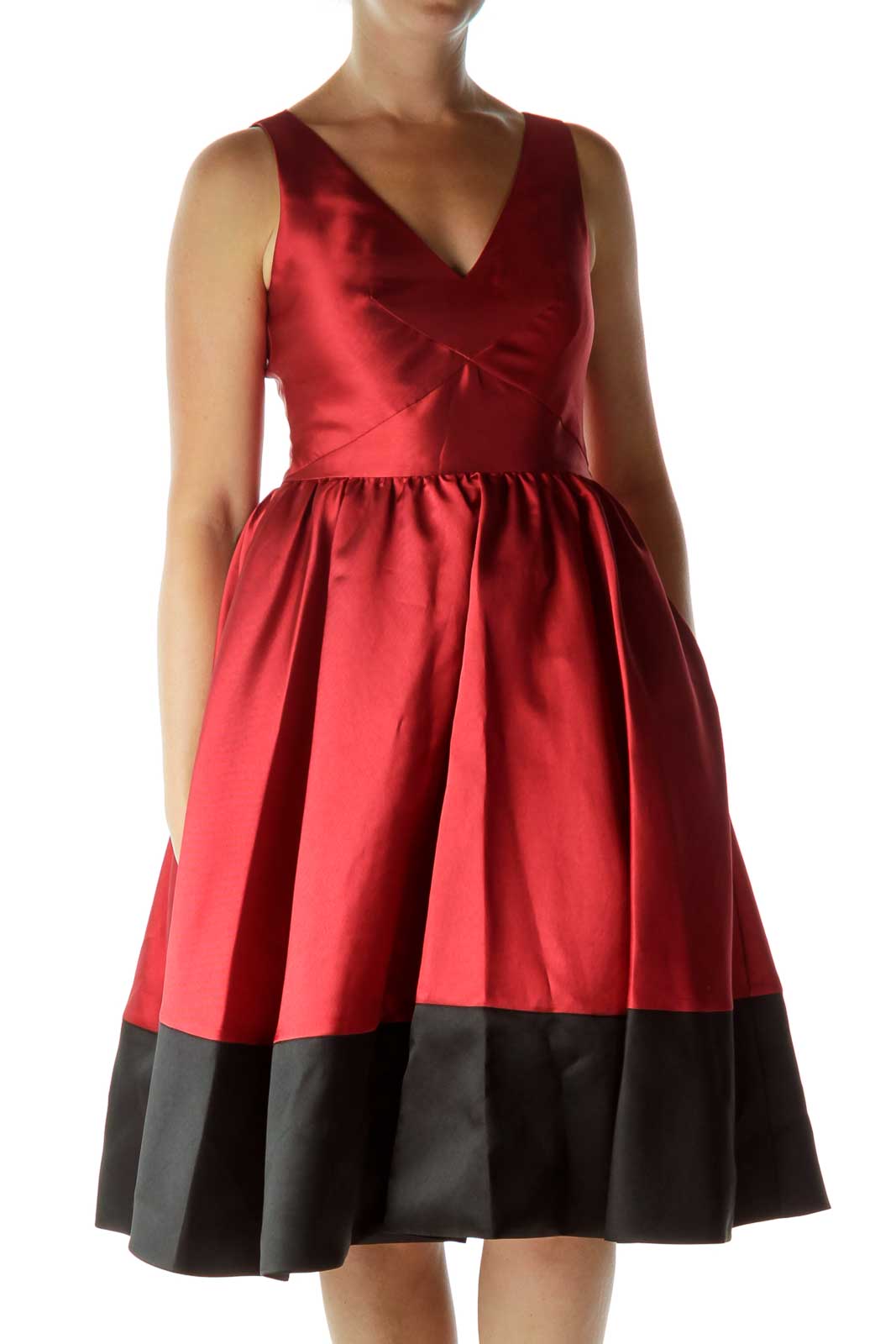 Red Black V-Neck Empire Waist Evening Dress Front