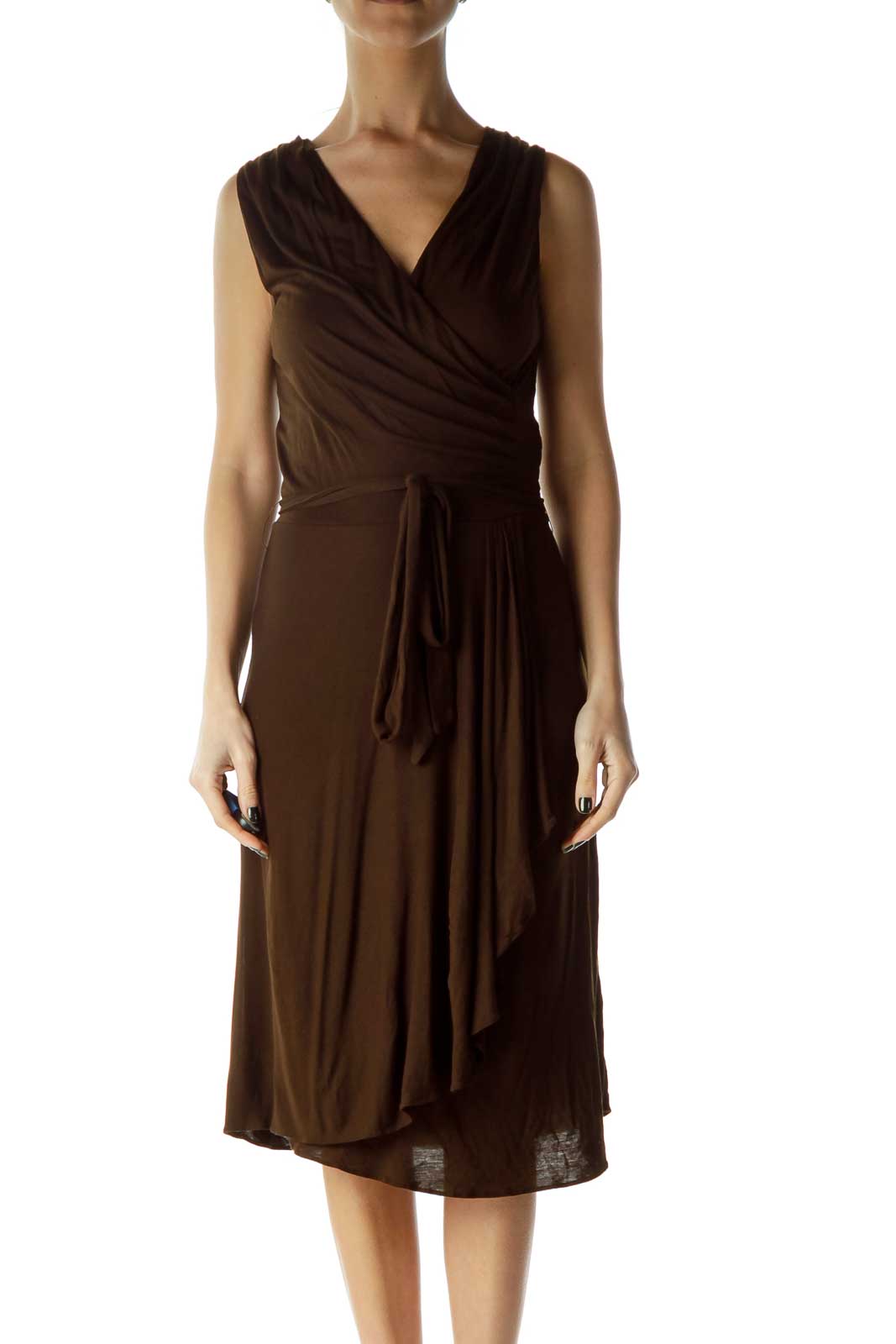 Brown Wrap Ruched A-Line Dress Front