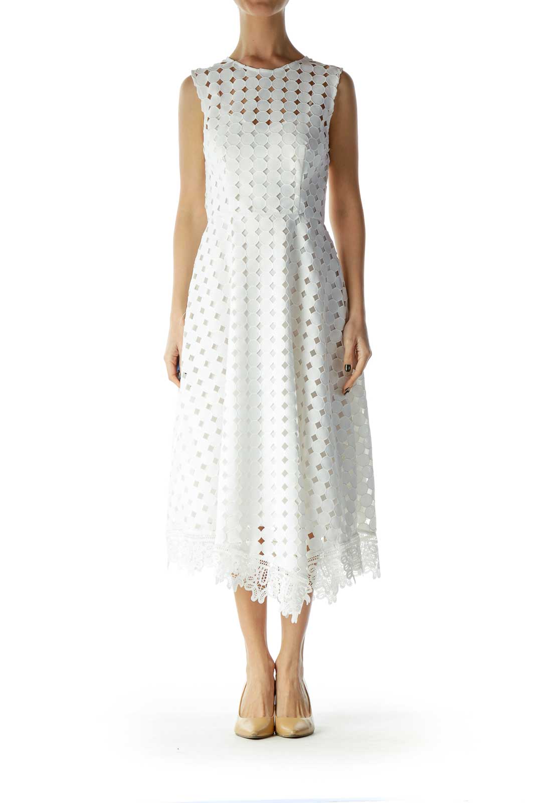 White Polka-Dot Lace Midi Dress Front