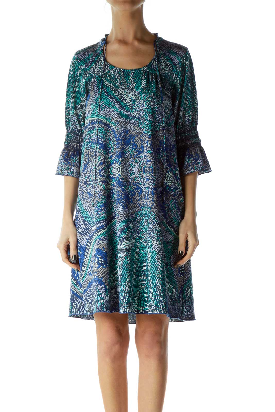 Blue Green Printed Shift Dress with Ruffle Detail Front