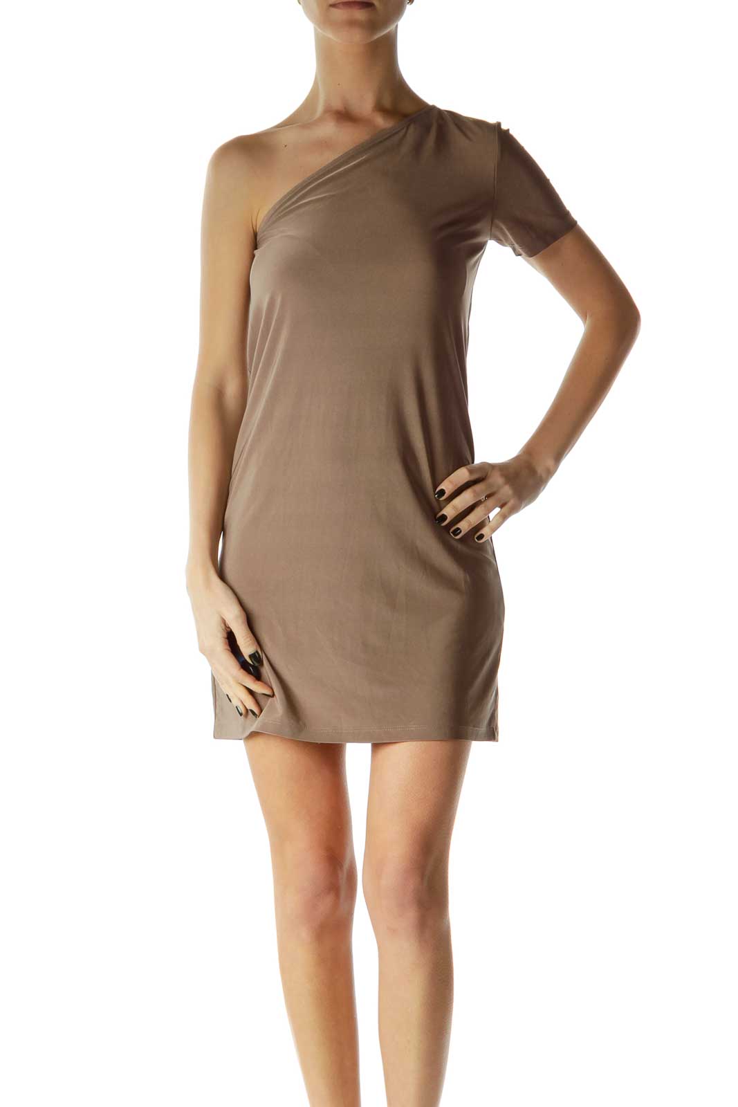 Brown One-Should Shift Dress Front