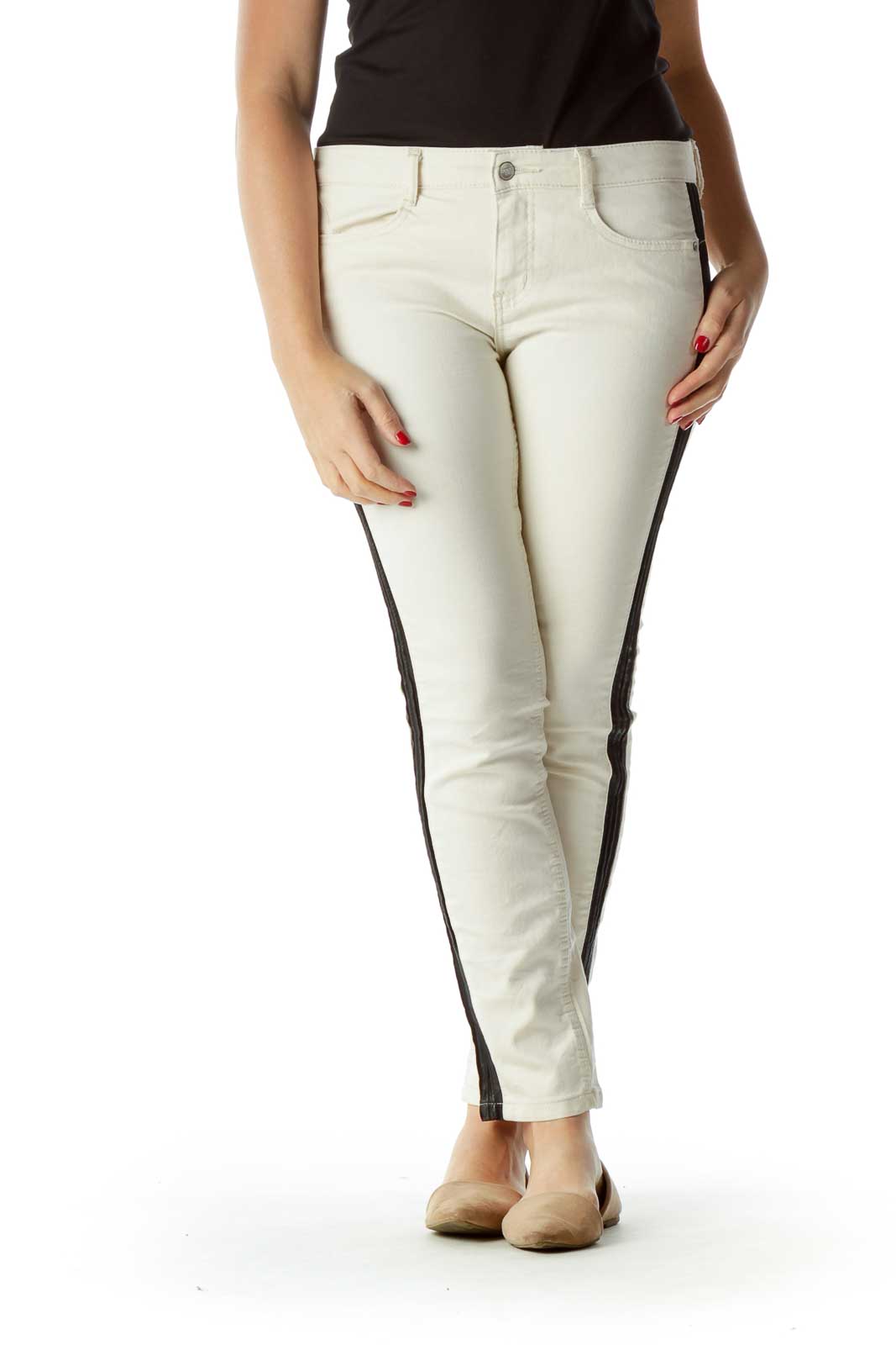 Cream Black Side Accent Skinny Pants Front