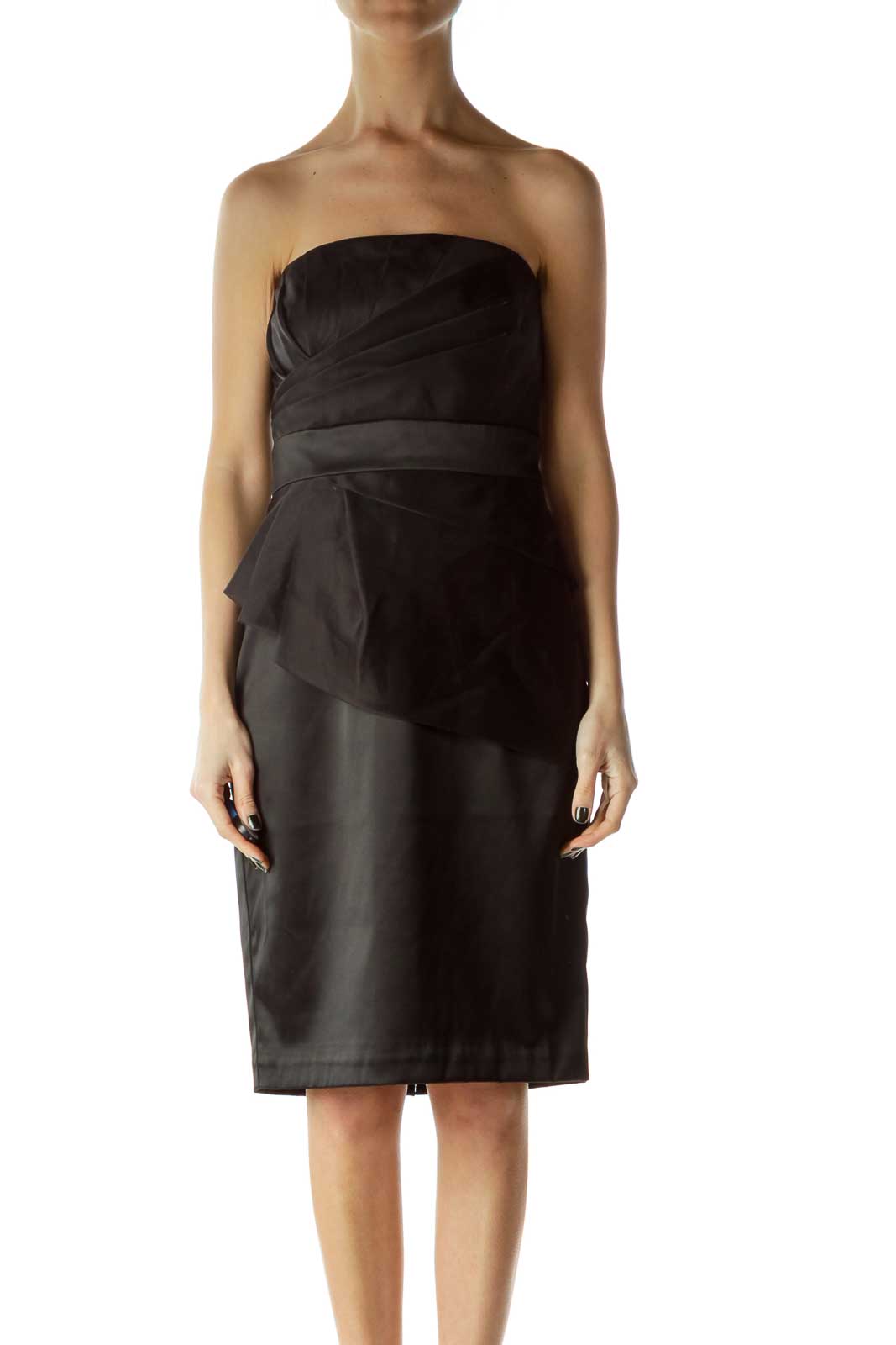 Black Pleated Strapless Cocktail Dress Front