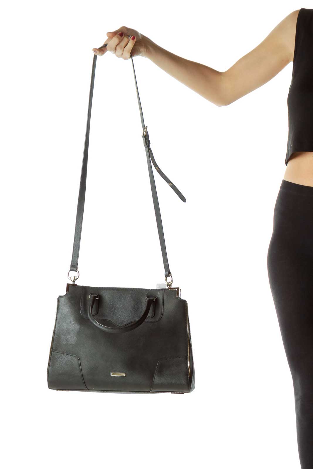 Black Zipper Detailed Leather Tote w Strap Front