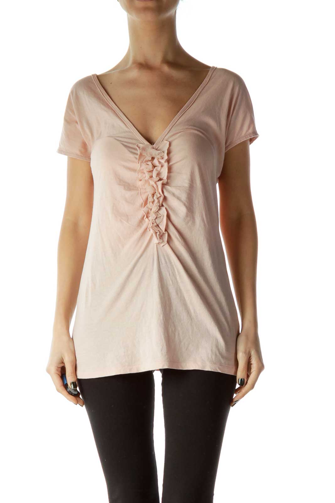 Pink Ruffled Short Sleeve T-Shirt Front