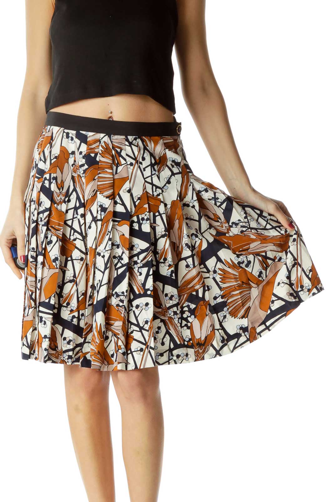 Multicolor 100% Silk Pleated Flared Skirt Front