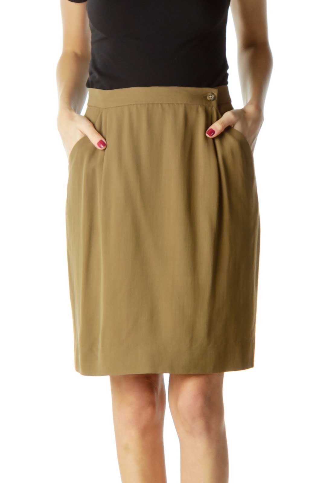 Brown Pocketed Side-Buttoned A-Line Skirt Front