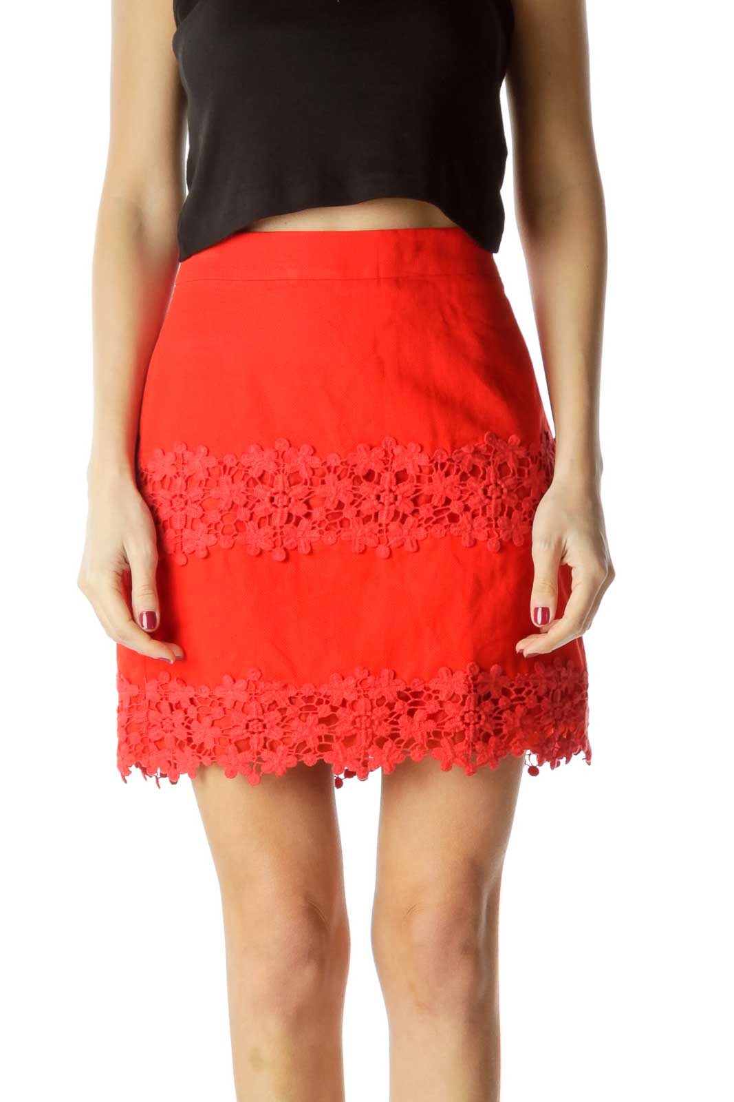 Red Floral Knitted Mini Skirt Front