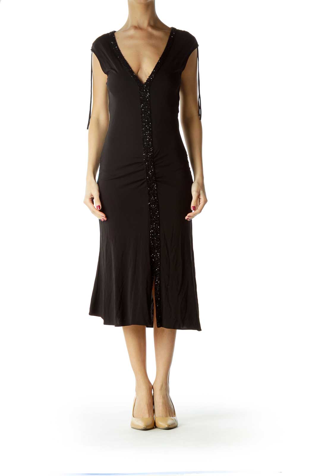 Kenneth Cole Reaction Black Beaded Midi Cocktail Dress Rayon