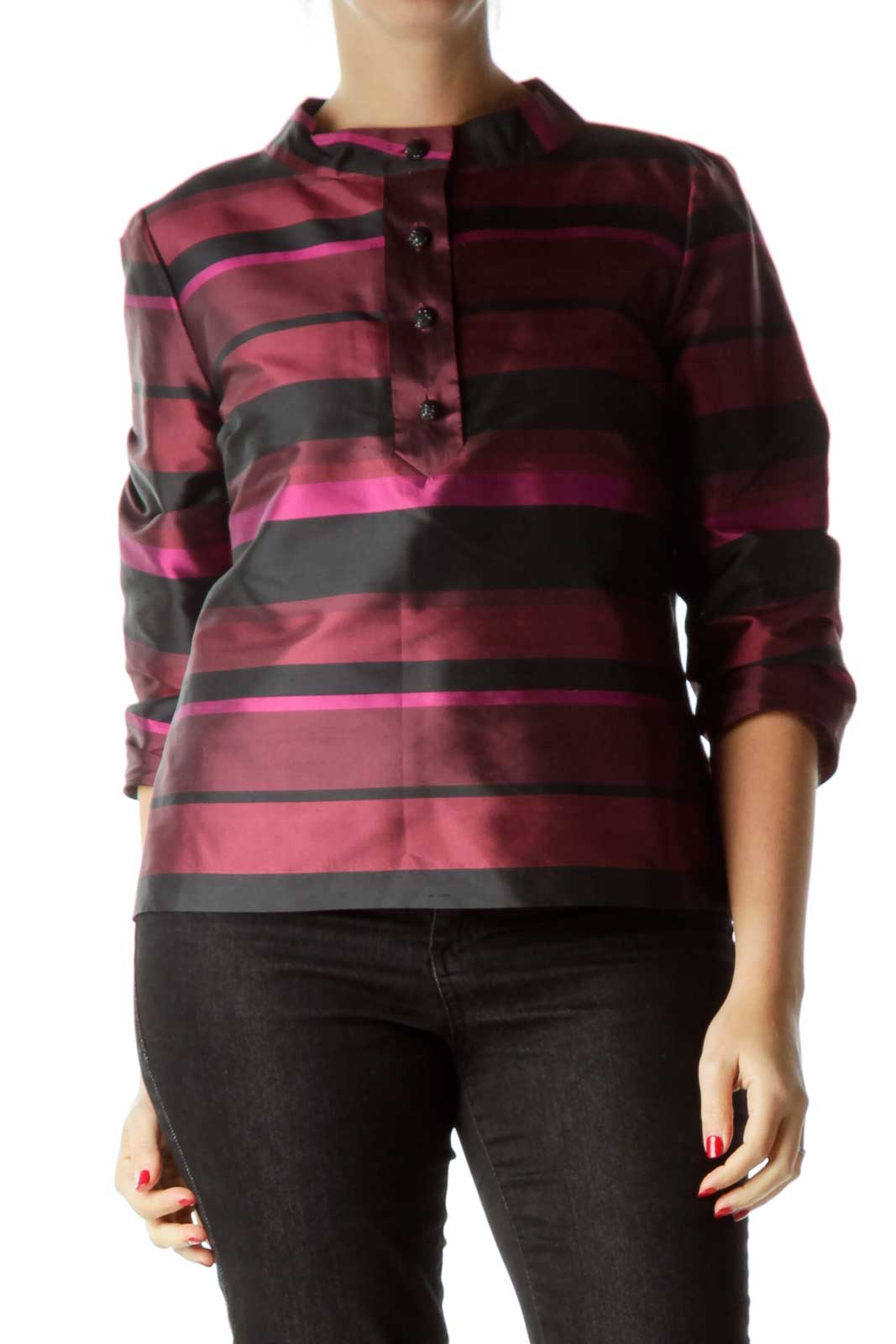 Red Striped Silk Top Front