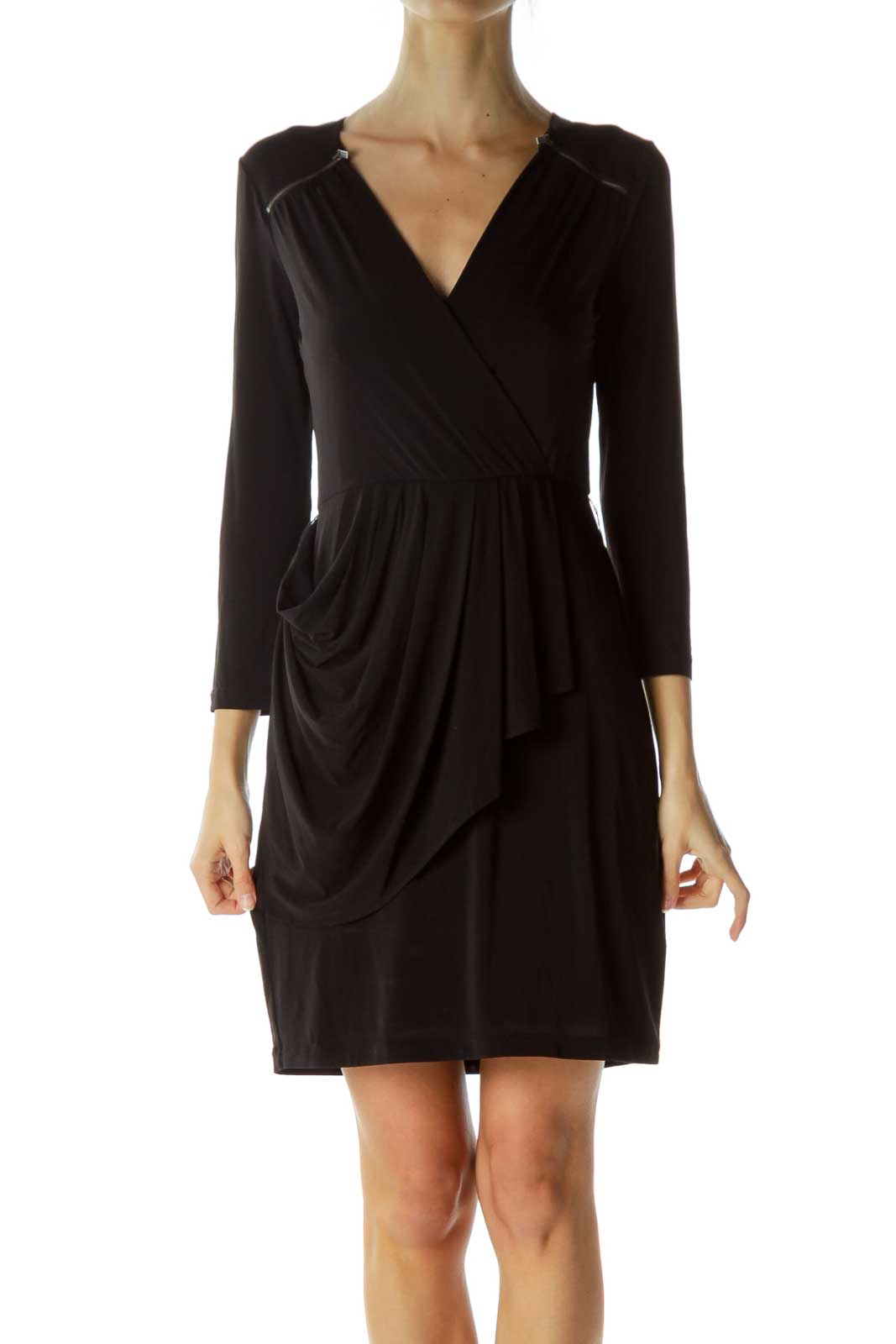 Black Shoulder Zippers Work Dress Front