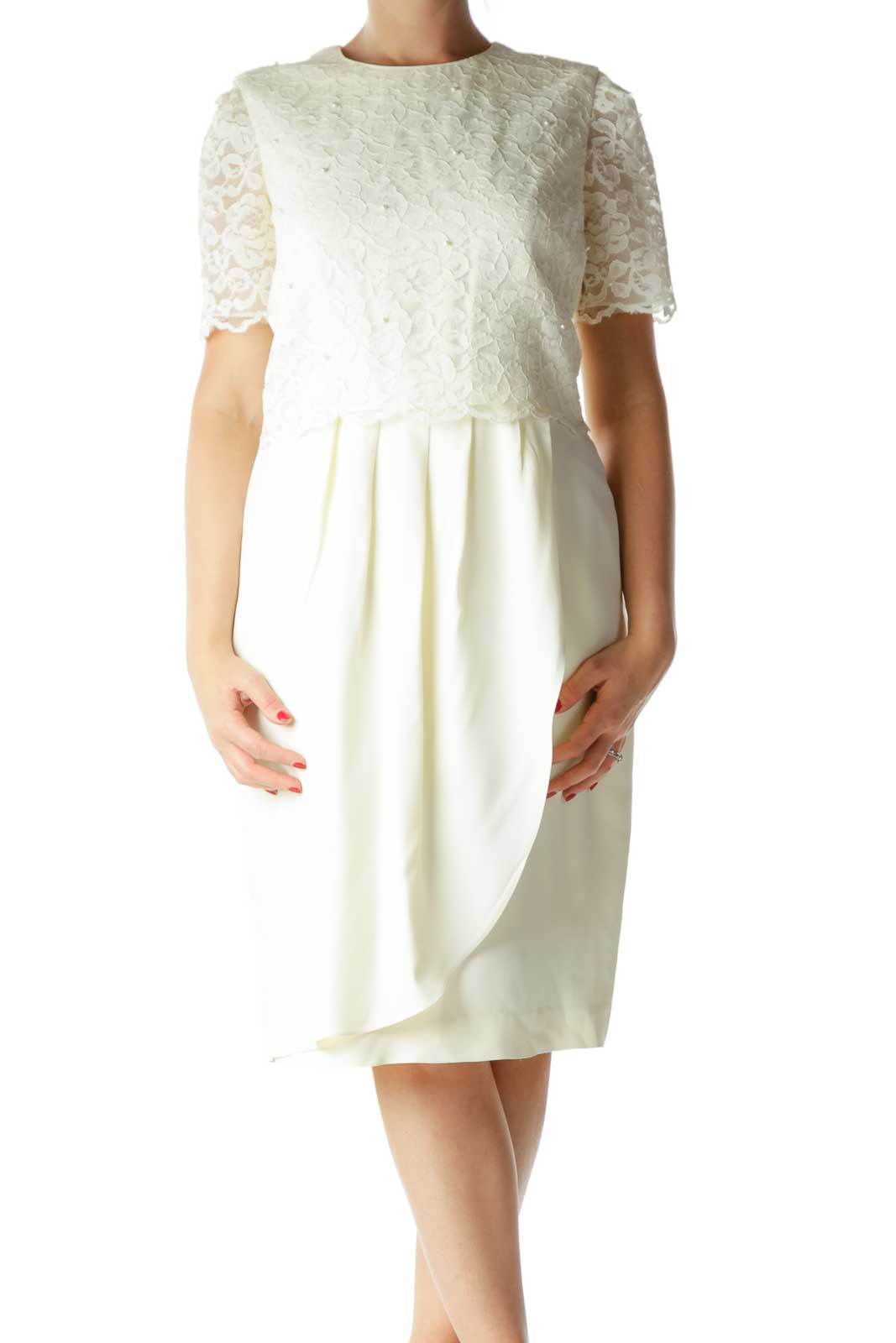 Cream Lace Upper Short-Sleeve Day Dress Front