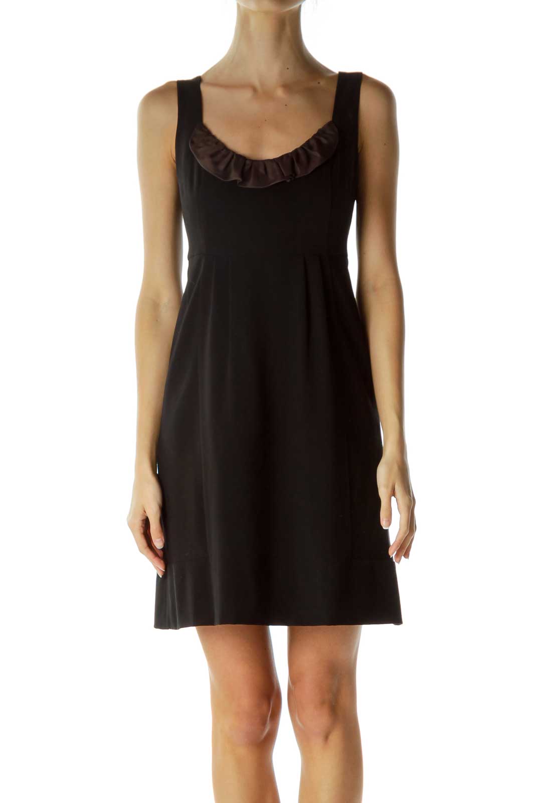 Black Brown Ruffled Round Neck Cocktail Dress Front