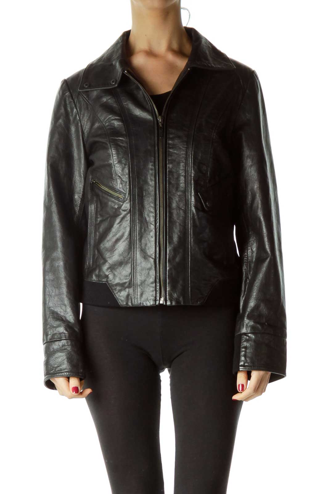 Black Zippered Leather Jacket with Pockets Front