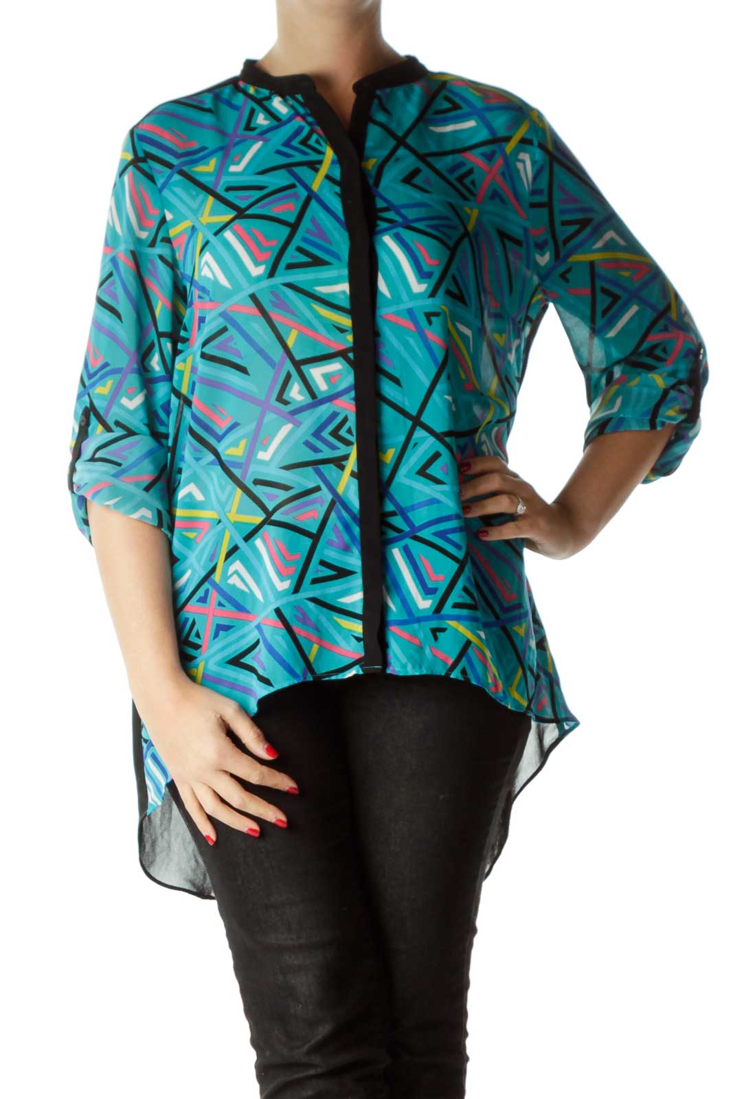 Multicolored Printed Buttoned High-Low Shirt Front