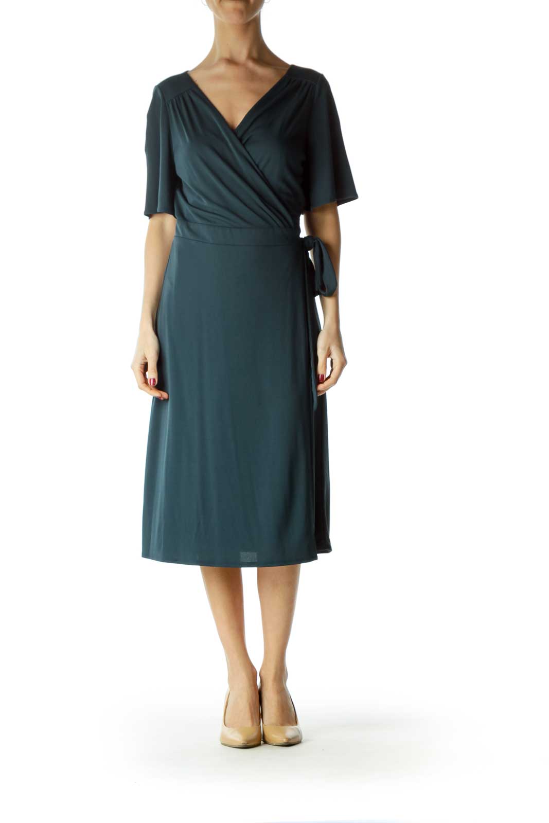 LOFT - Green Wrap Short Sleeve Dress Polyester Rayon | SilkRoll
