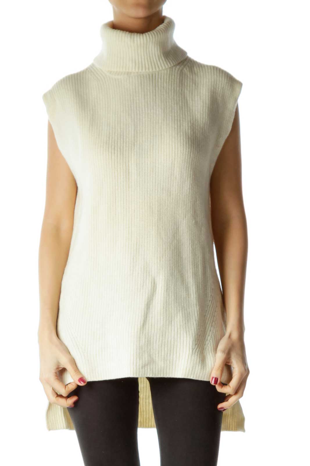 Cream Turtle Neck Sleeveless Sweater Front