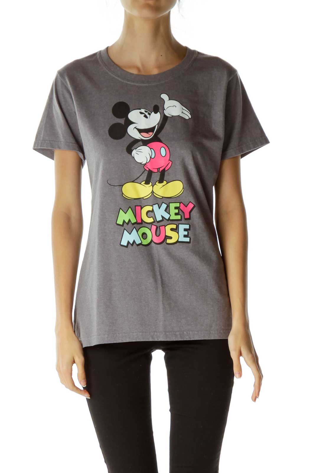 Gray Mickey Mouse Print T-Shirt Front
