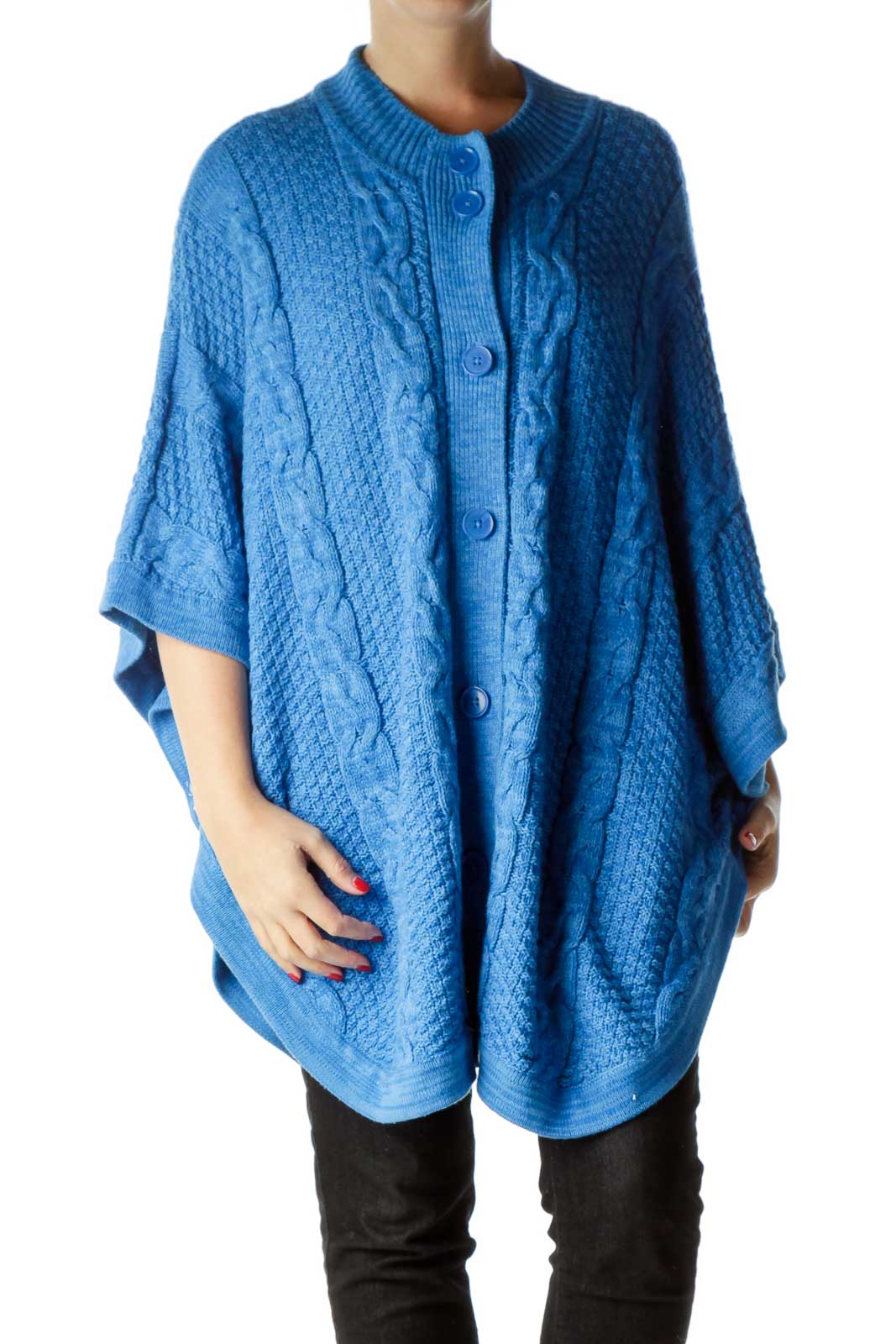 Blue Bat-Sleeve Cable Knit Sweater Front