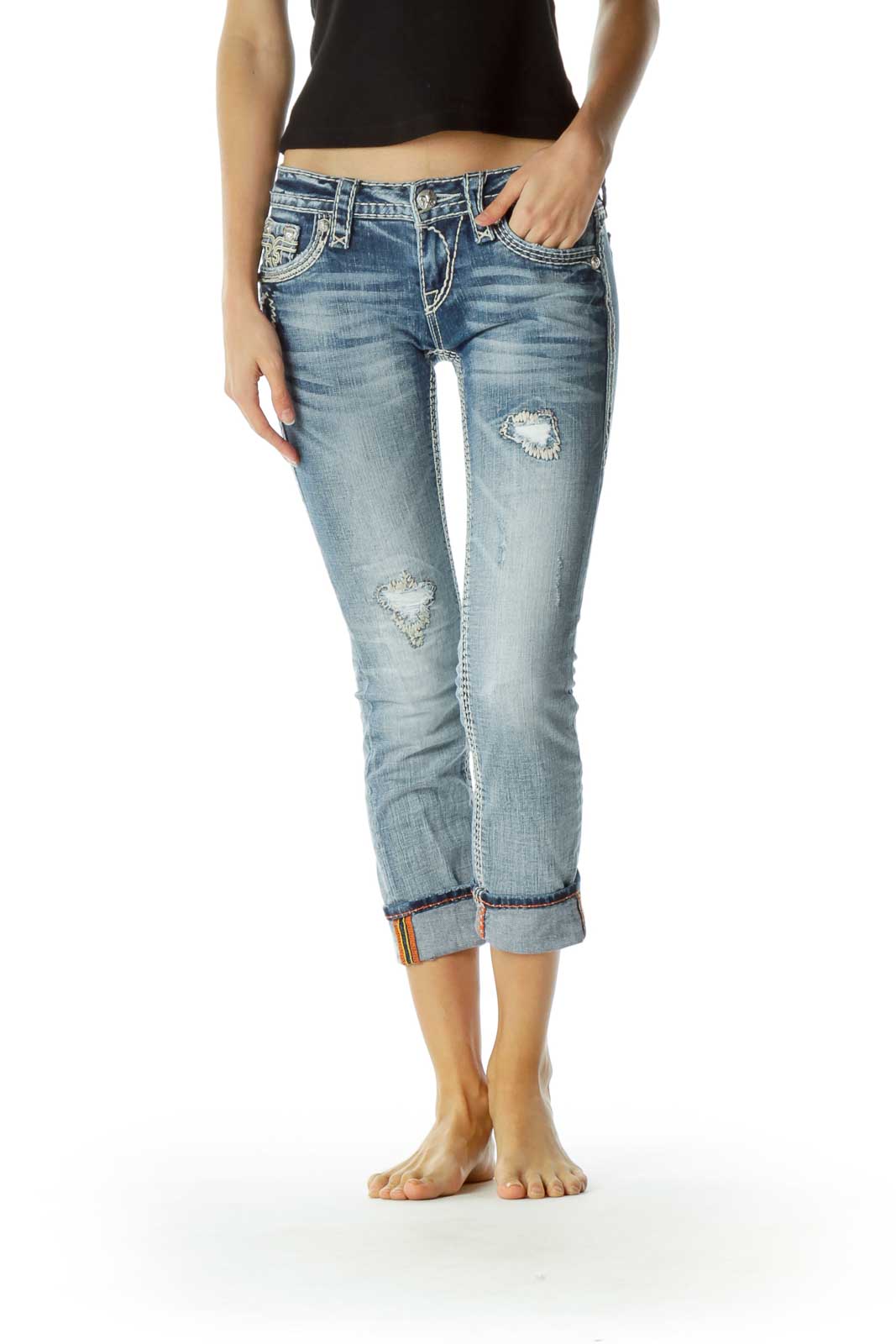 Blue Light-Wash Stitched Cropped Jeans Front