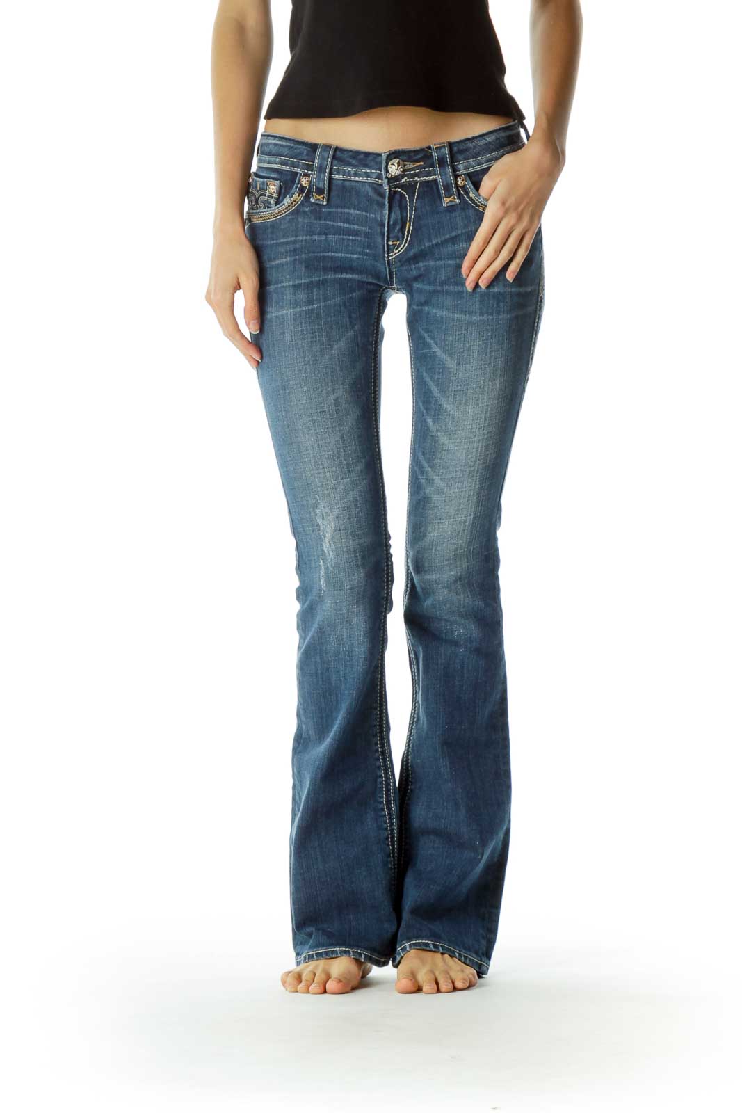 Blue Stitched Flared Denim Jeans Front