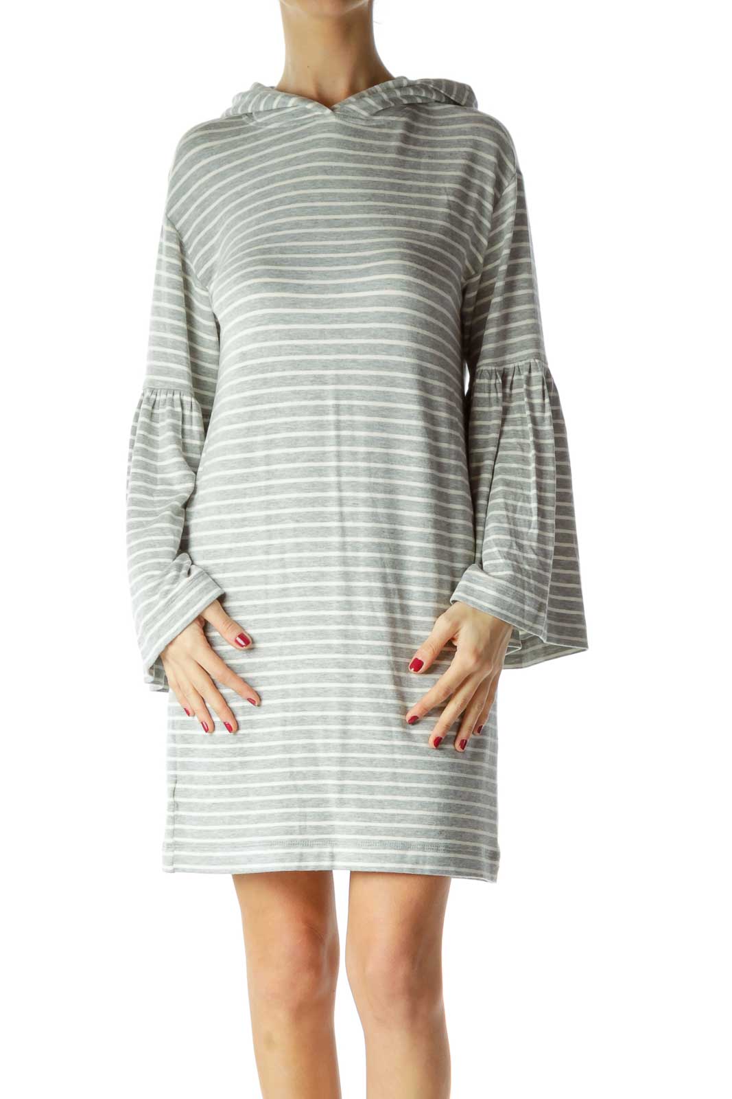 Gray White Striped Jersey-Knit Dress with Hood Front