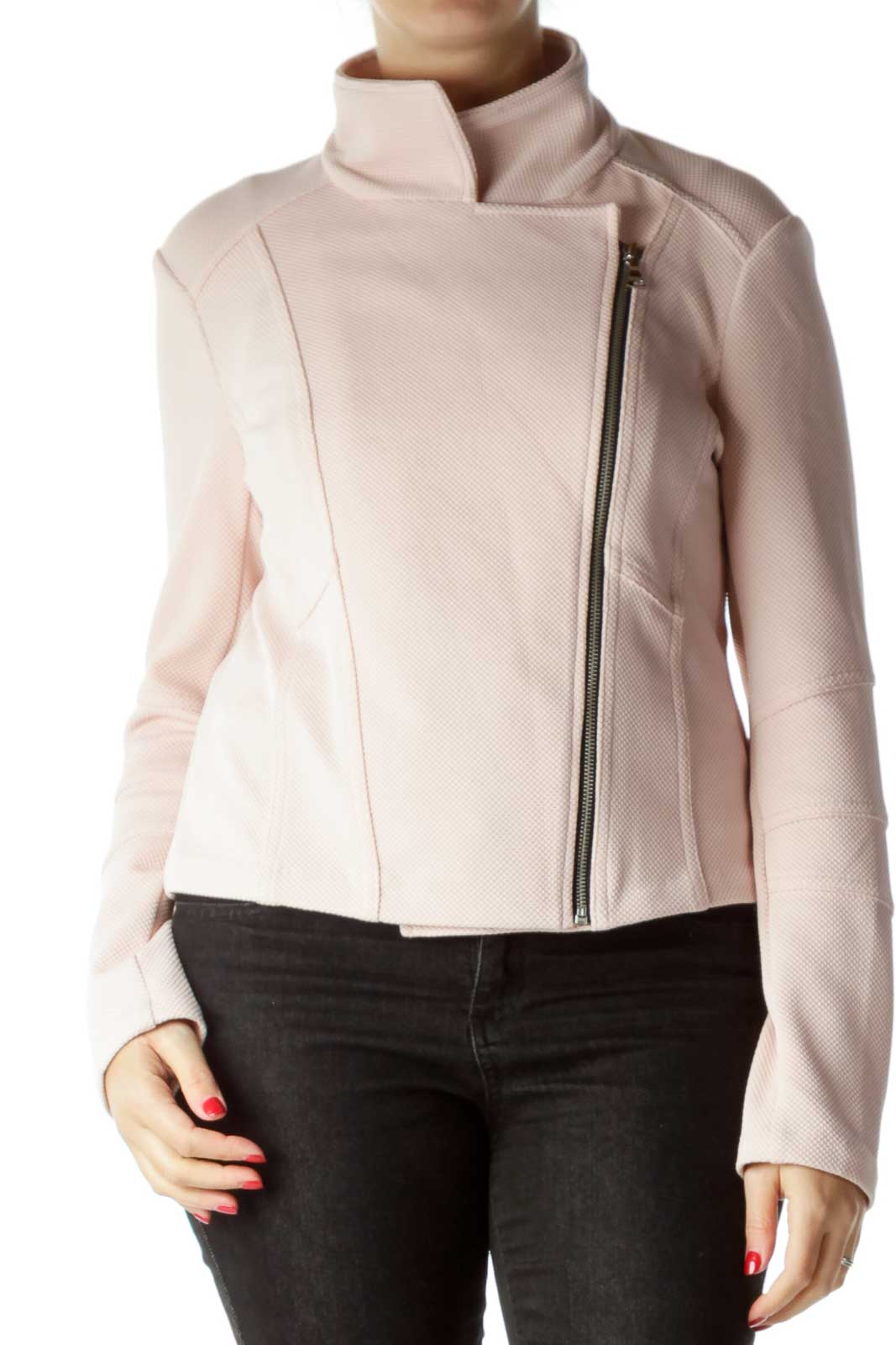 Pink Textured Zipper down Jacket Front