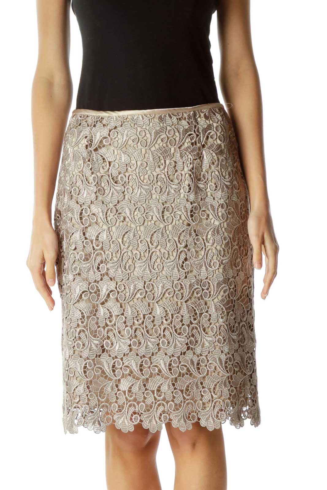 Gold Lace Scalloped Pencil Skirt Front