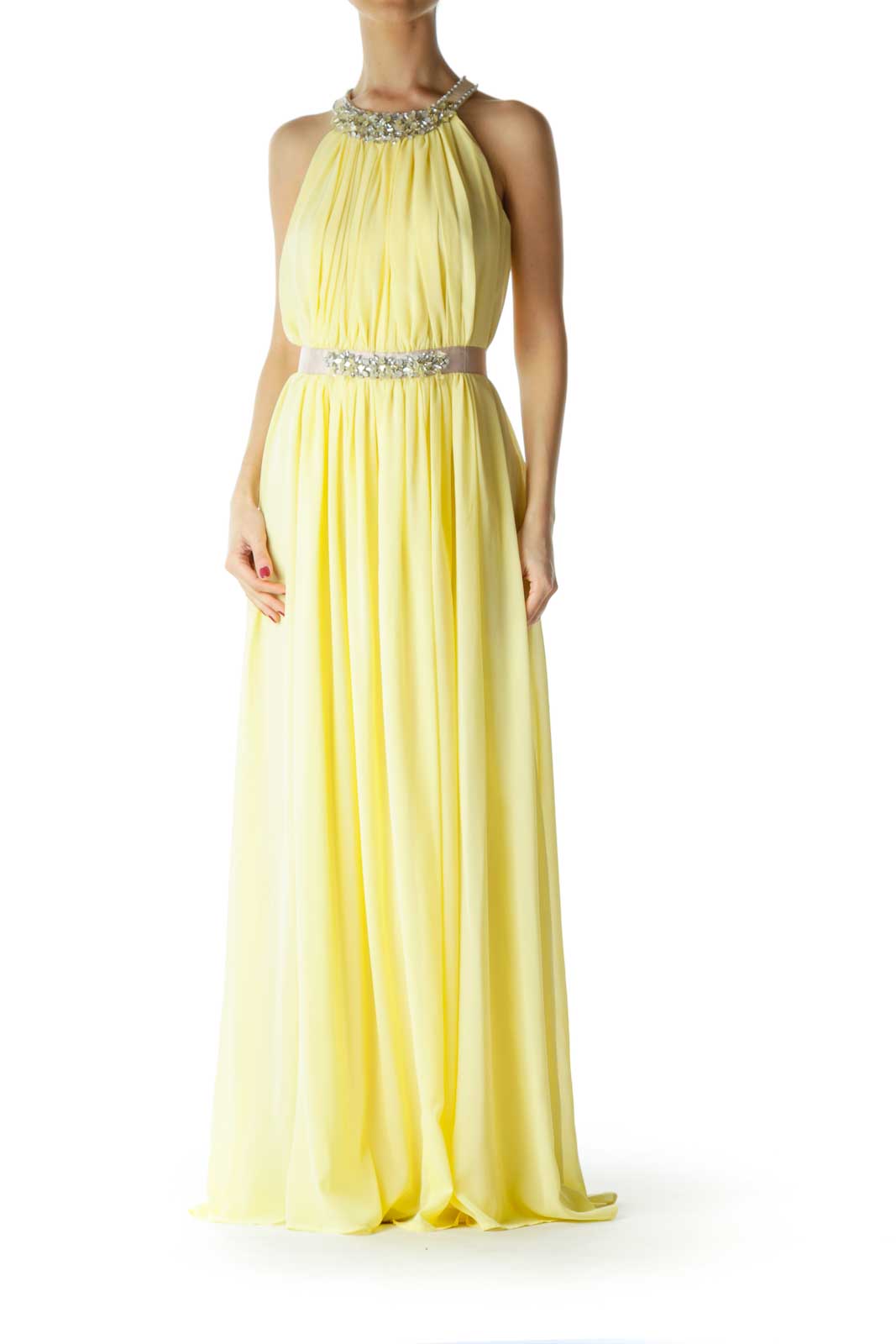 Yellow Beige Beaded Evening Dress Front