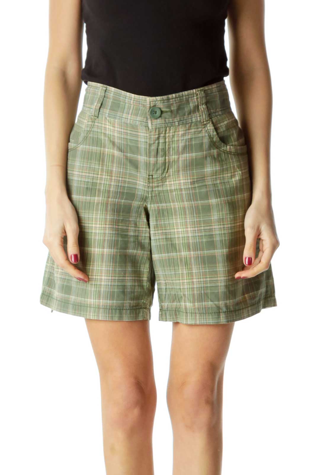 Green Plaid Pocketed Shorts Front