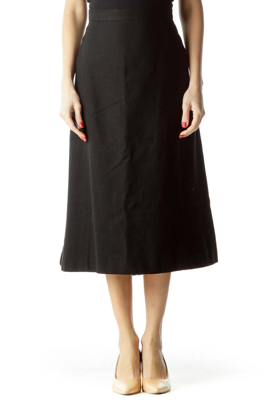 Black Wool Midi A-Line Skirt Front