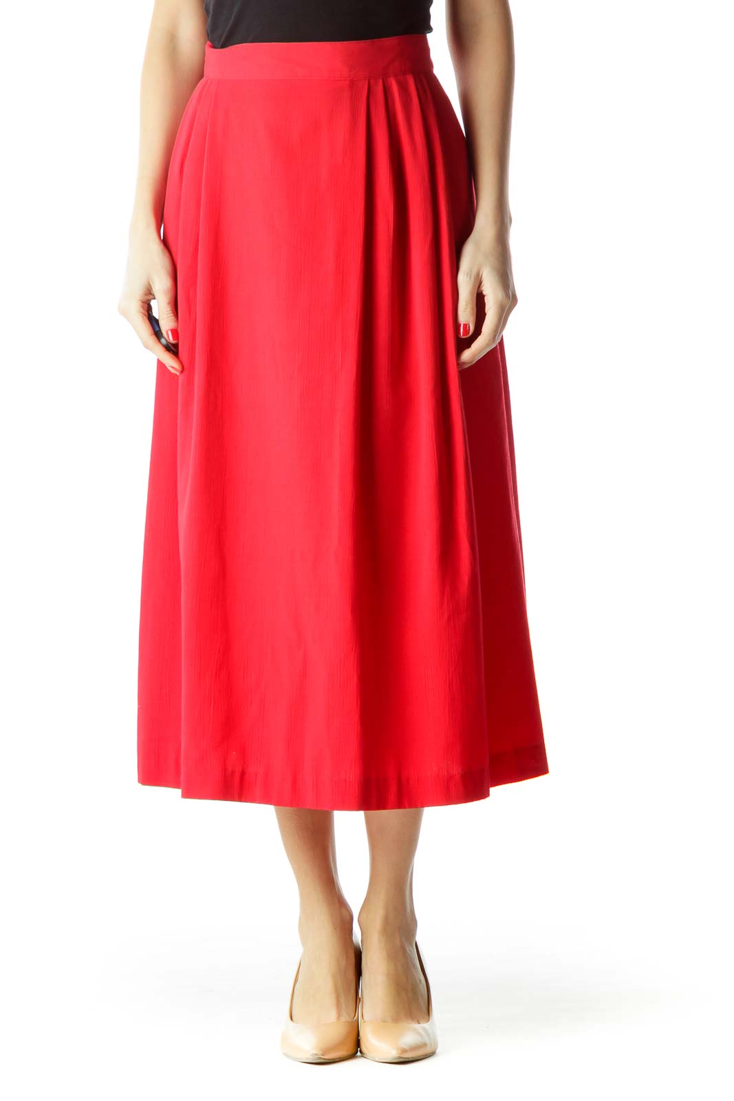 Red Pleated Midi Flared Skirt Front
