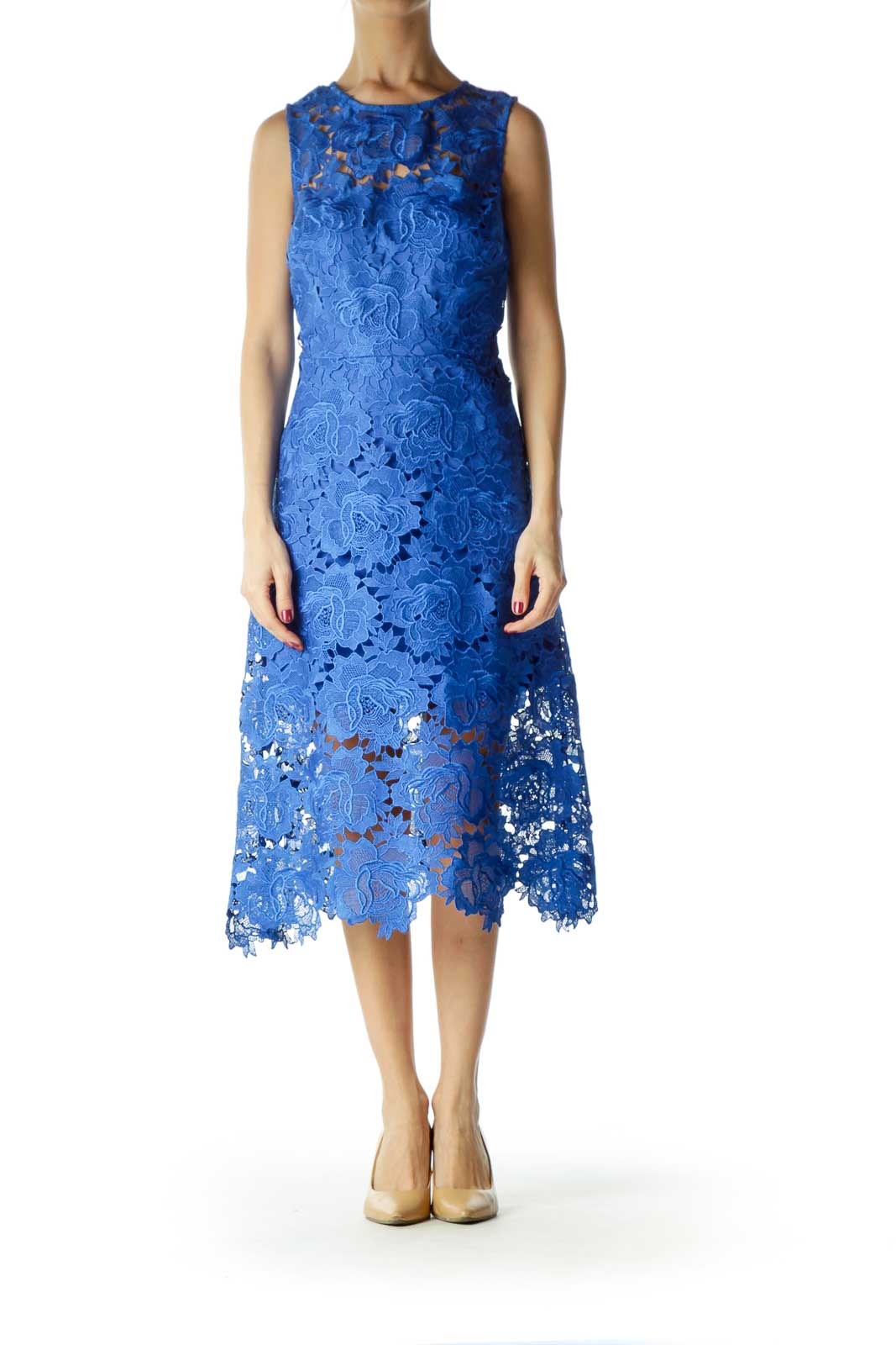 Blue Lace Sleeveless Midi Dress Front