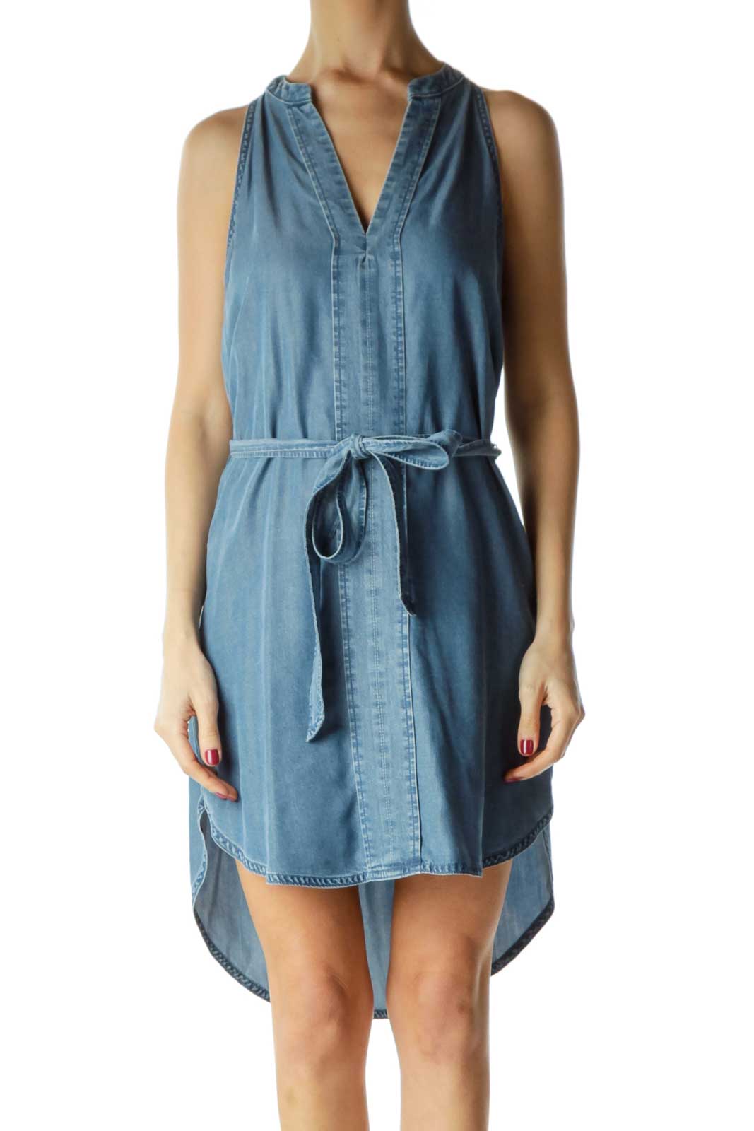 Blue Racerback Chambray Dress with Tie Front