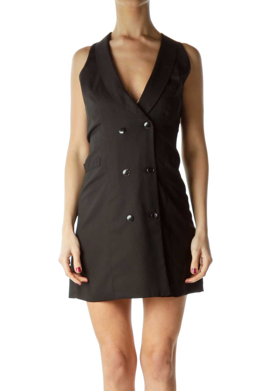 Black Double Breasted Cut-Out-Back Vest Dress Front