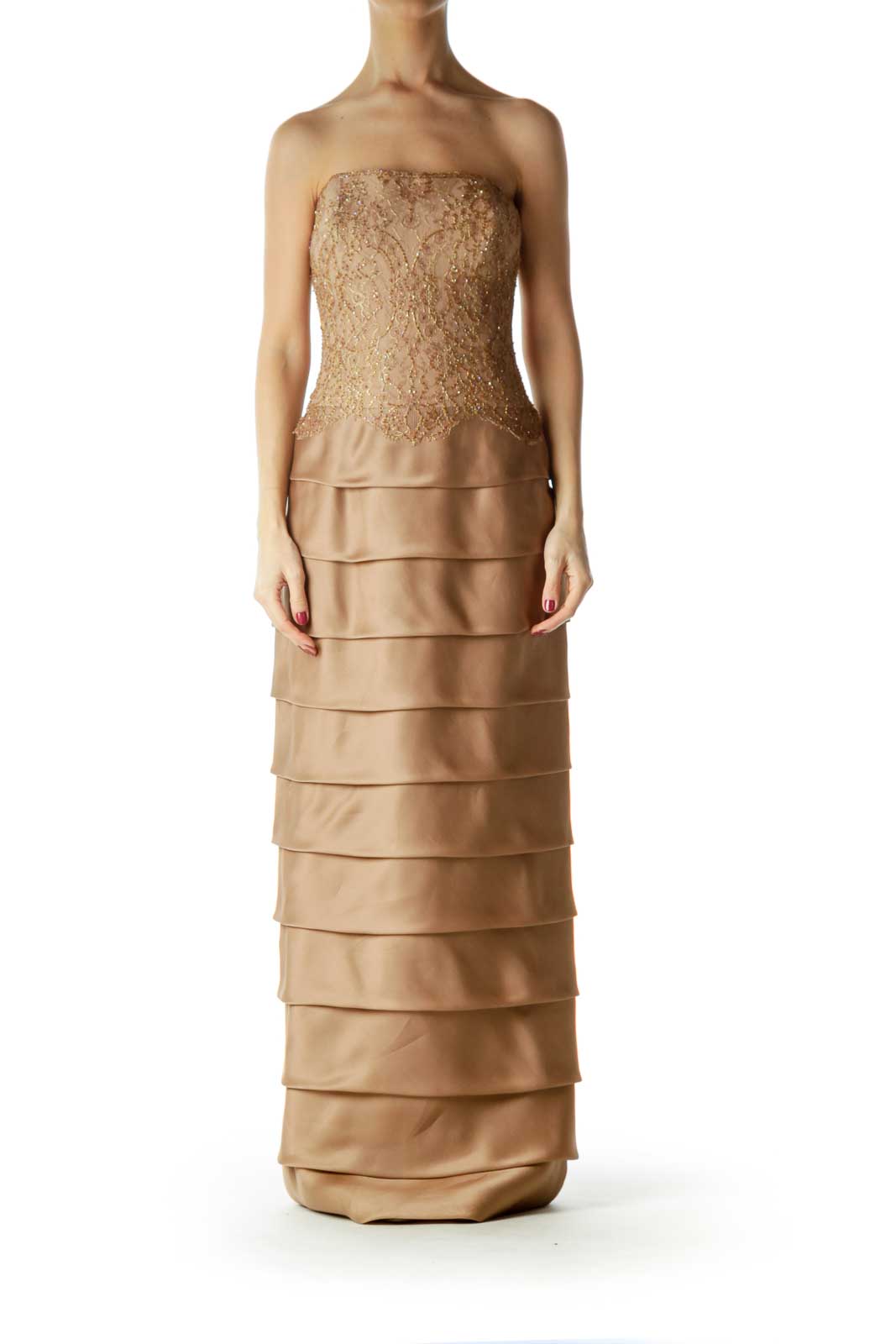 Brown Gold Lace Beaded Silk Evening Dress Front