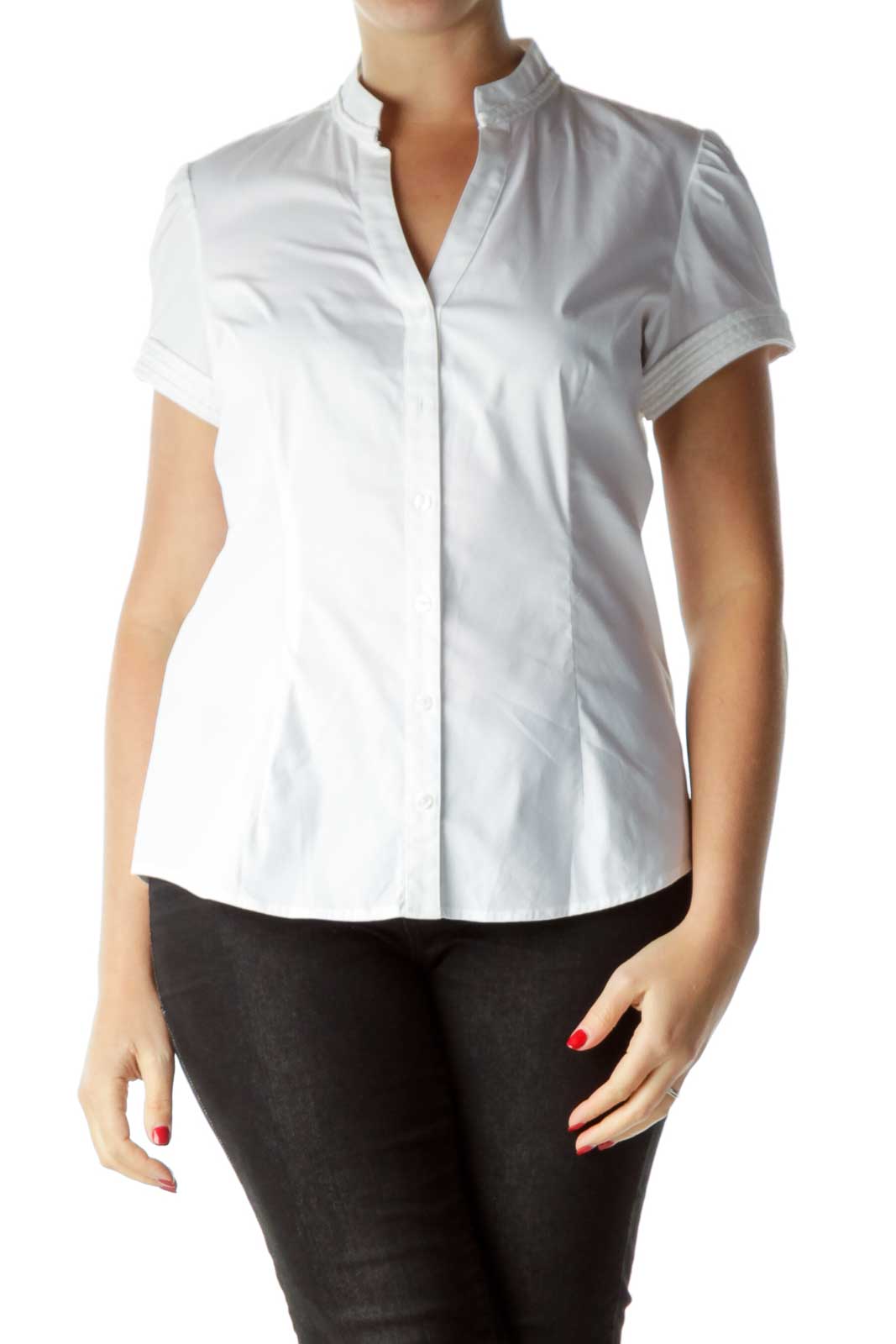 White Short Sleeve Collared Shirt Front