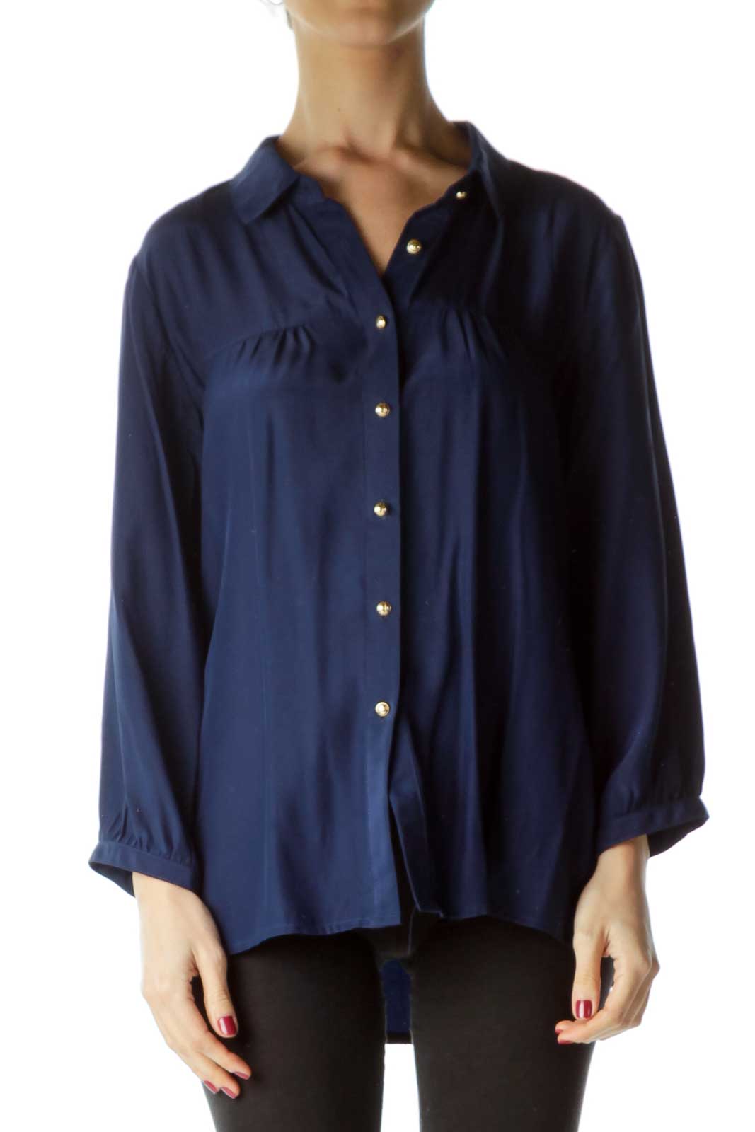Navy Silk Gold Button Blouse Front