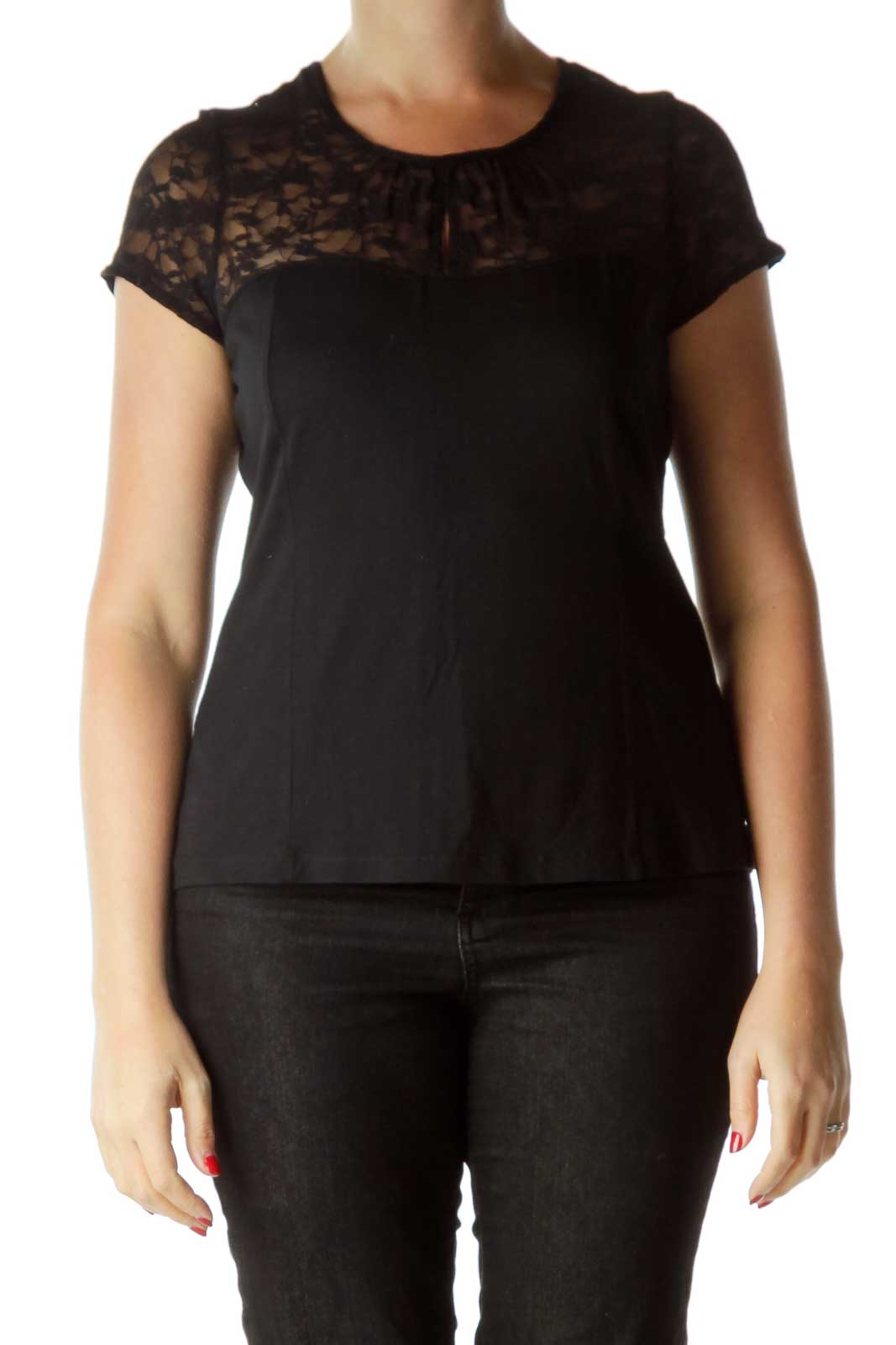 Black Lace Detail Short Sleeve Top Front