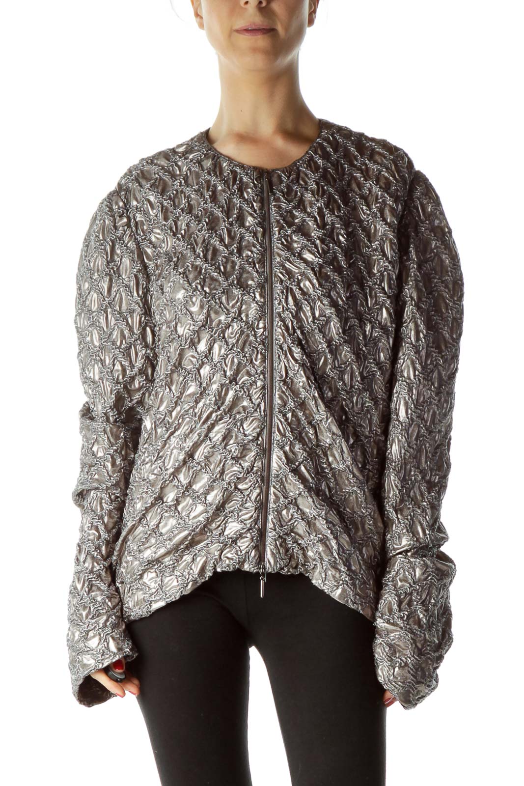 Gray Metallic Zippered Fitted Jacket Front