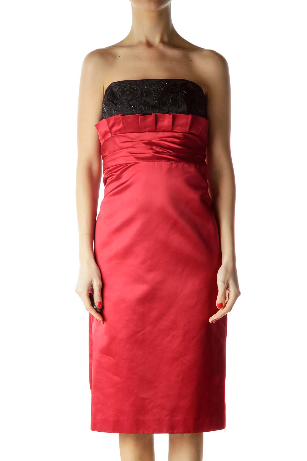Red Black Beaded Silk Strapless Dress Front