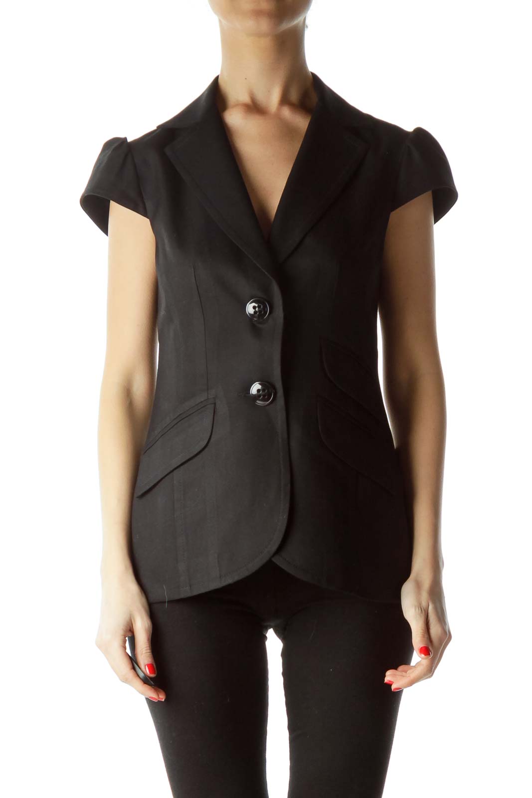 Black Buttoned Pocketed Collared Vest Front