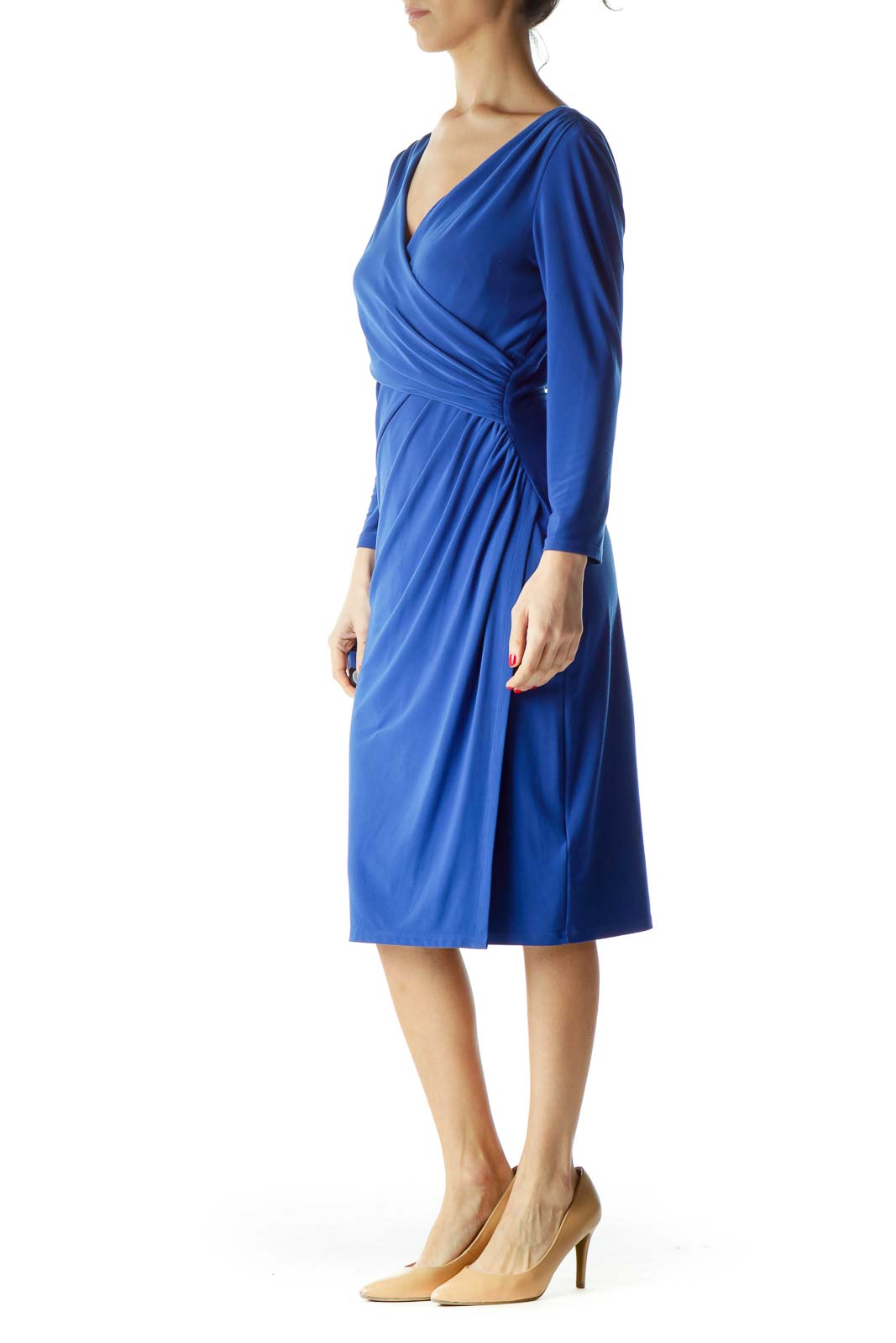 Lauren Ralph Lauren - Blue Ruched 3/4 Sleeve Dress Elastane