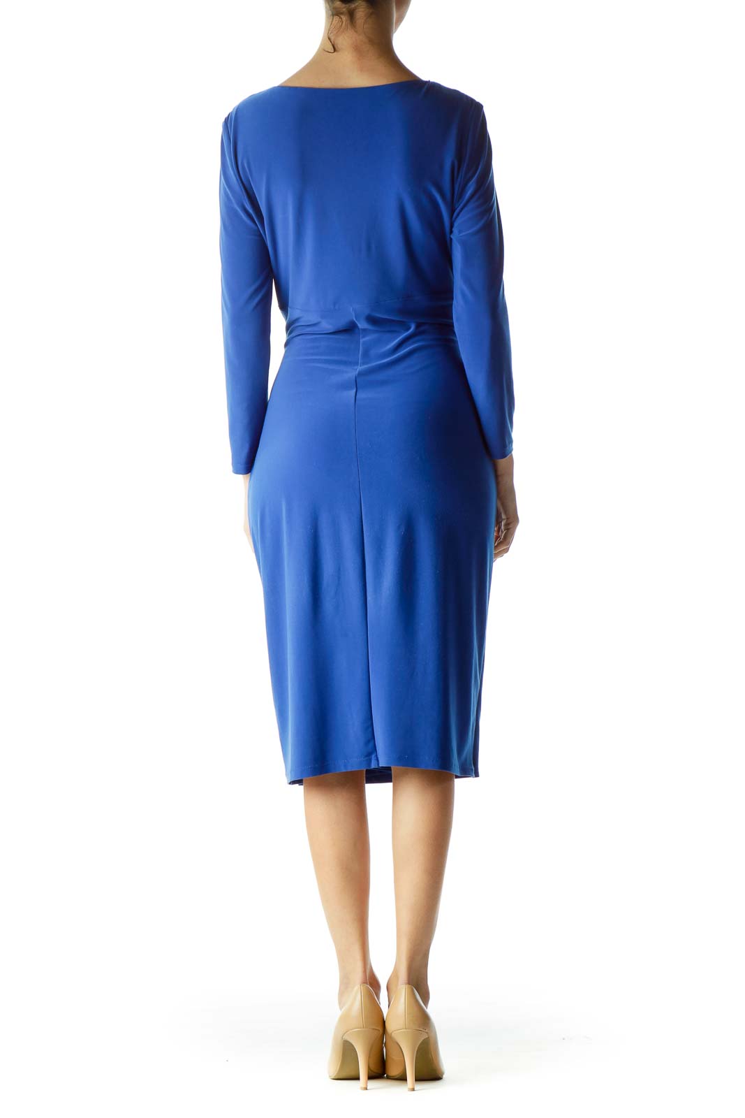 LAUREN Ralph Lauren Dress Ruched V-Neck Turquoise Blue 3/4 Sleeve