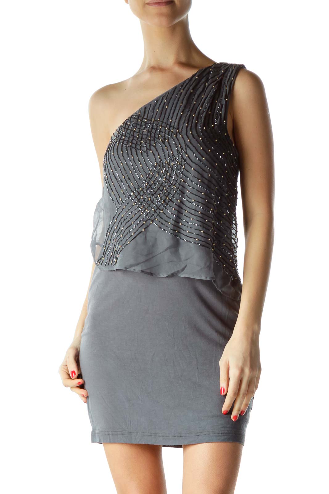 Gray Beaded Asymmetric Cocktail Dress Front