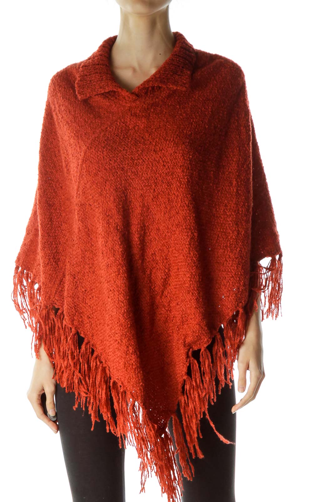 Orange Knitted High Neck Poncho Front