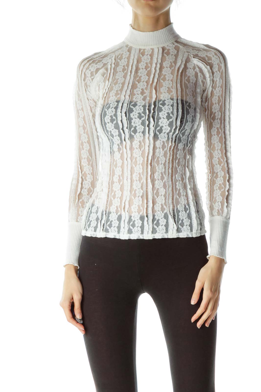 White High-Neck Lace Long Sleeve Blouse Front
